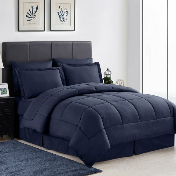 8 Piece Embossed Greek Key Bed in a Bag Bedding Set, Queen - Navy Blue