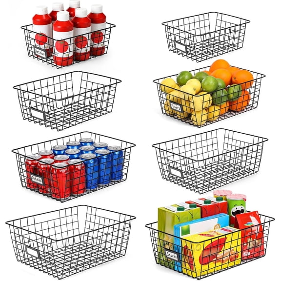 8-Piece Extra-Large Black Powder-Coated Steel Wire Storage Baskets Rectangular Open-Top Organizing Bins for Kitchen, Pantry, Laundry, Garage, Fridge, and Bathroom