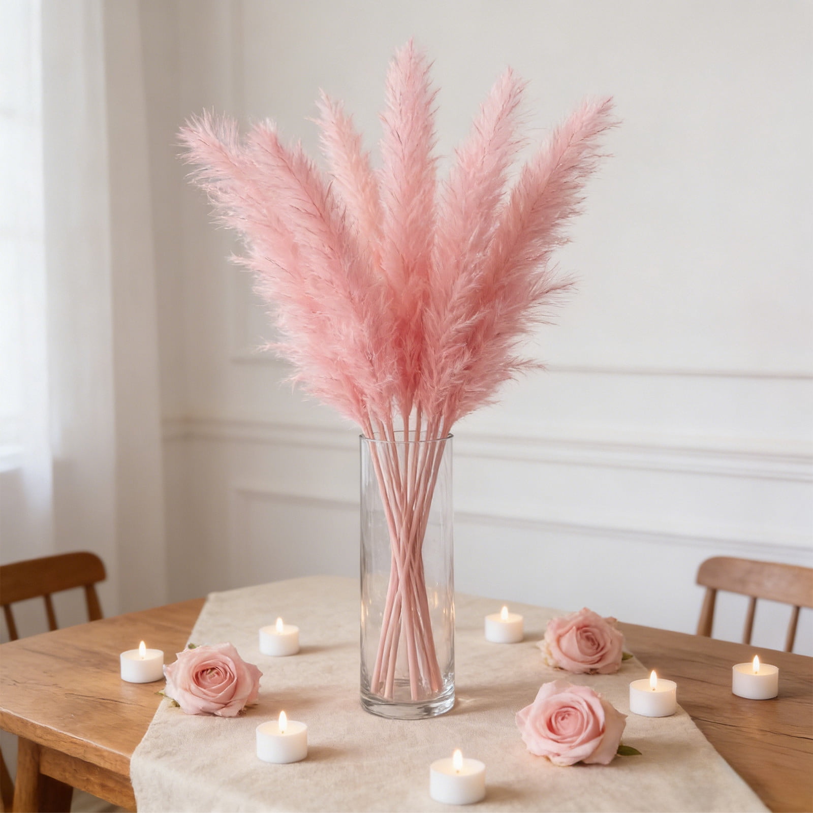 8-Piece Faux Pampas Grass Stems – Pink Silk Plumes in Metal Rod, 12.6 ...