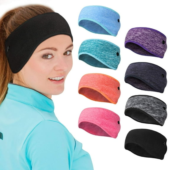 8-Piece Fleece Headband Ear Warmers with Buttons - Stretchy Winter Running Sweatbands for Women and Men - Vivid Colors