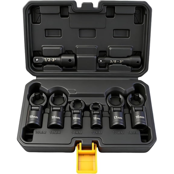 8-Piece Flex Head Crows Foot Wrench Set, Metric 12 14 16 17 18 19 mm with Extension Bar, 3/8" & 1/2" Drive Crowsfoot Line Wrenches Set, Access Fasteners in Tight Spaces