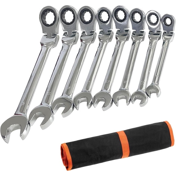 8 Piece Flex-Head Ratcheting Combination Wrench Set, 8-19mm Metric Chrome Vanadium Steel Spanner, Gear Ring Ratchet Wrenches with Rolling Pouch
