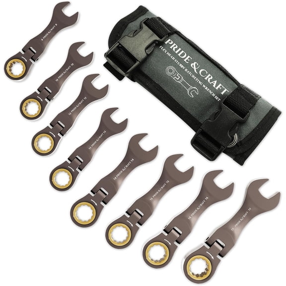 8 Piece Flex Head Stubby Ratcheting Combination Wrench Set, Metric 8-17mm, 90-Teeth, CRV, Nickel Plating with Rolling Pouch