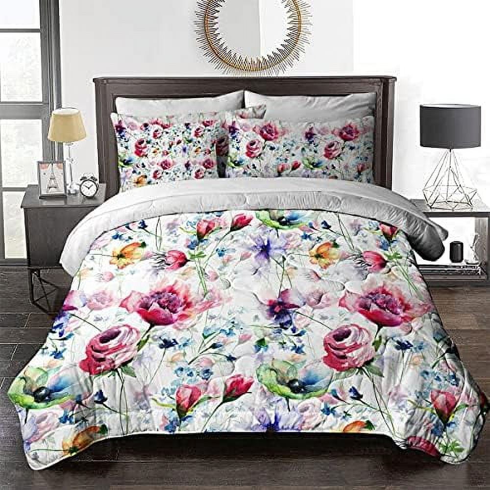 8 Piece Flower Comforter Set Watercolor Floral Bedding with Comforter