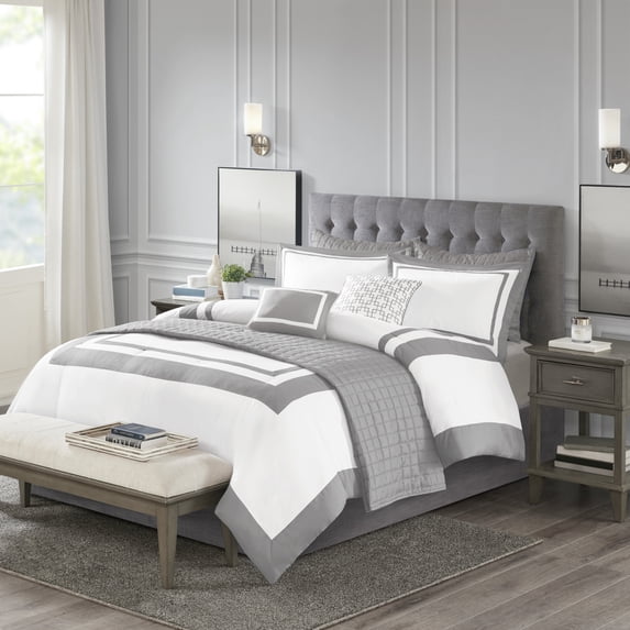 8-Piece Full/Queen Comforter & Quilt Set Grey - Luxury Hotel Collection with Matching Shams & Decorative Pillows, Microfiber Bedding