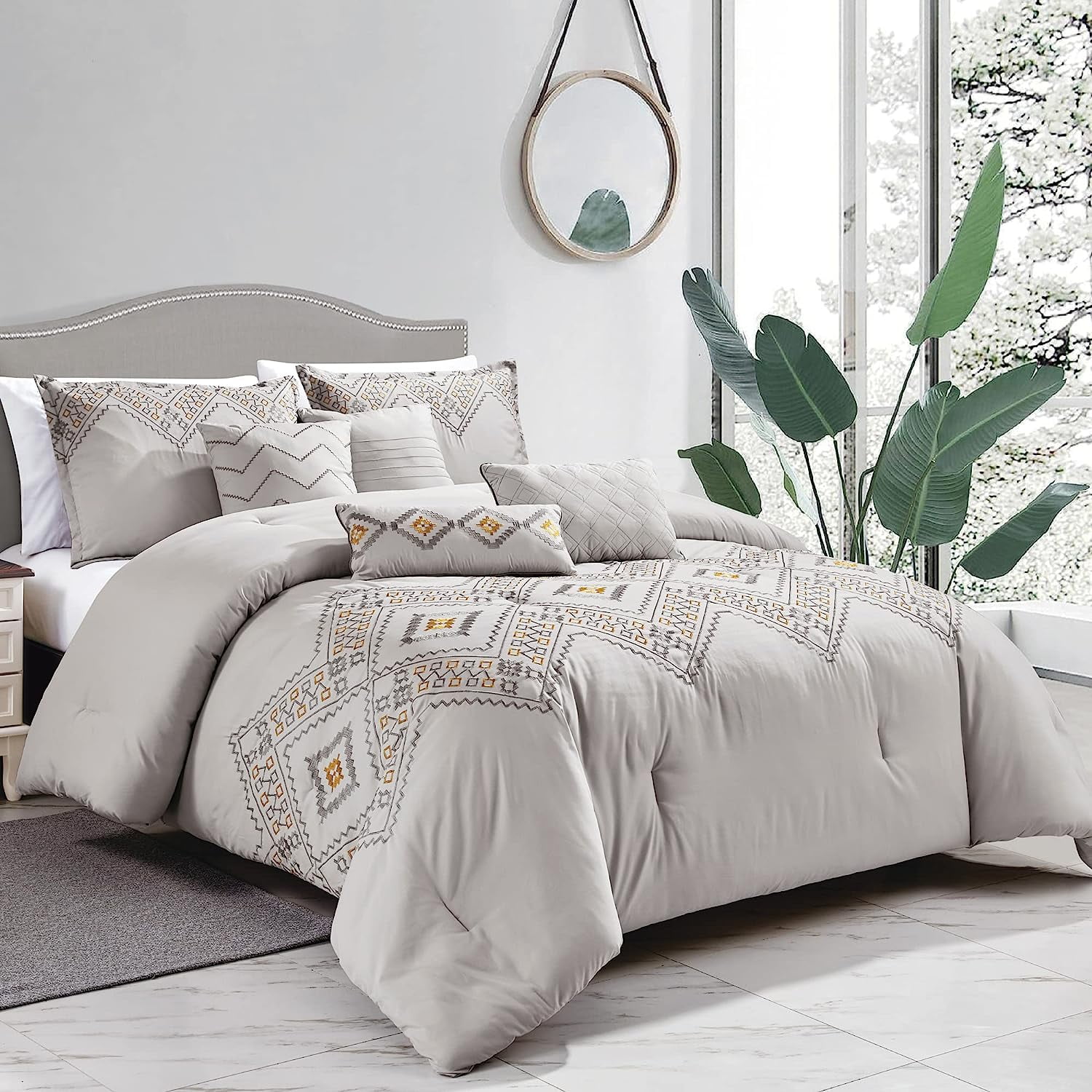 8 Piece Full Queen Comforter Set with Shams and Cushions Modern Classy White Gray Navy Unique