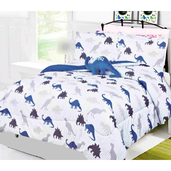 Gorgeous Home Linen Reversible Dinosaur White Blue Full Comforter 8-Piece Bedding Set
