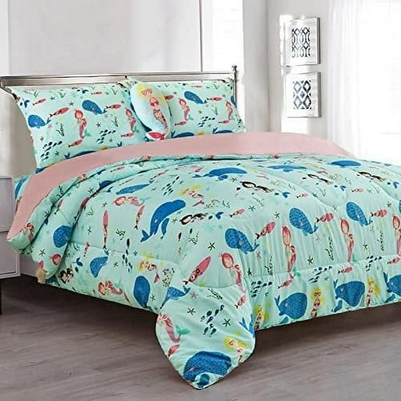 8 Piece Full Size Kids Girls Teens Comforter Set Bed in Bag with Shams, Sheet Set and Decorative Toy Pillow, Mermaid Whales Girls Kids Comforter Bedding Set w/Sheets, 8pc, Mermaid