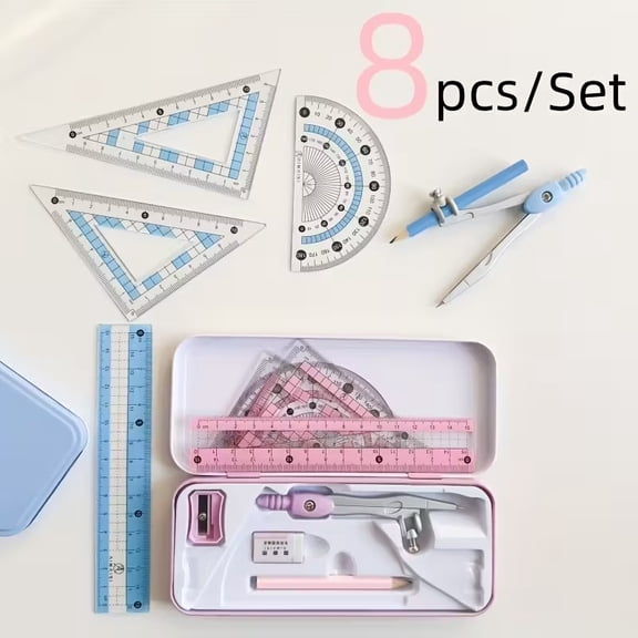 8-Piece Geometric & Mathematical Drawing Tools Set in Stylish Pink Iron Box - Protractors, Rulers, Compasses, Erasers for School, Office, and Tailoring