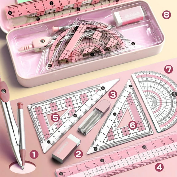 8-Piece Geometry Set 7.09x2.95x0.79in Shatterproof Math Tools Kit With Storage Box Protractor Ruler Compass（Pink）