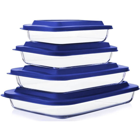 8-Piece Glass Baking Dish Set with Plastic lids,Rectangular Glass Bakeware Set with Lids, Baking Pans for Lasagna, Leftovers, Cooking, Kitchen, Freezer-to-Oven and Dishwasher, Blue