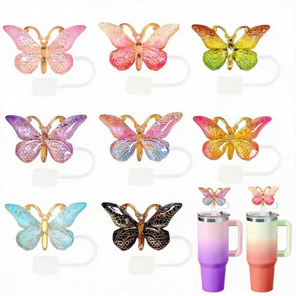 8-Piece Glitter Butterfly Straw Cover Caps for 40 oz Tumblers, Reusable Silicone Straw Toppers Compatible with 10mm Straws, Decorative Dust-Proof Plug, Mother’s Day Gifts for Women & Girls