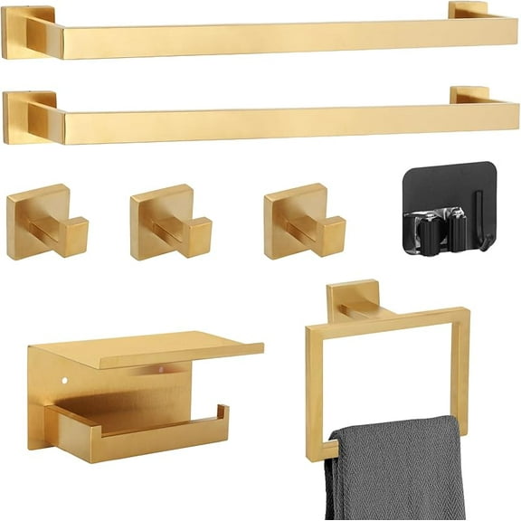 8-Piece Gold Bathroom Hardware Set, 23.6 Inch Towel Bars Set, Brushed Gold Bathroom Accessories Stainless Steel Bathroom Hardware Set Wall Mounted