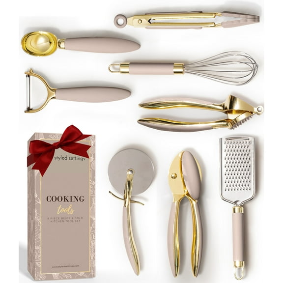 8-Piece Gold and Beige Kitchen Utensils Set – Stainless Steel Cooking Gadgets with Whisk, Tongs, Pizza Cutter, Garlic Press, Peeler, Scoop, Grater, and Can Opener