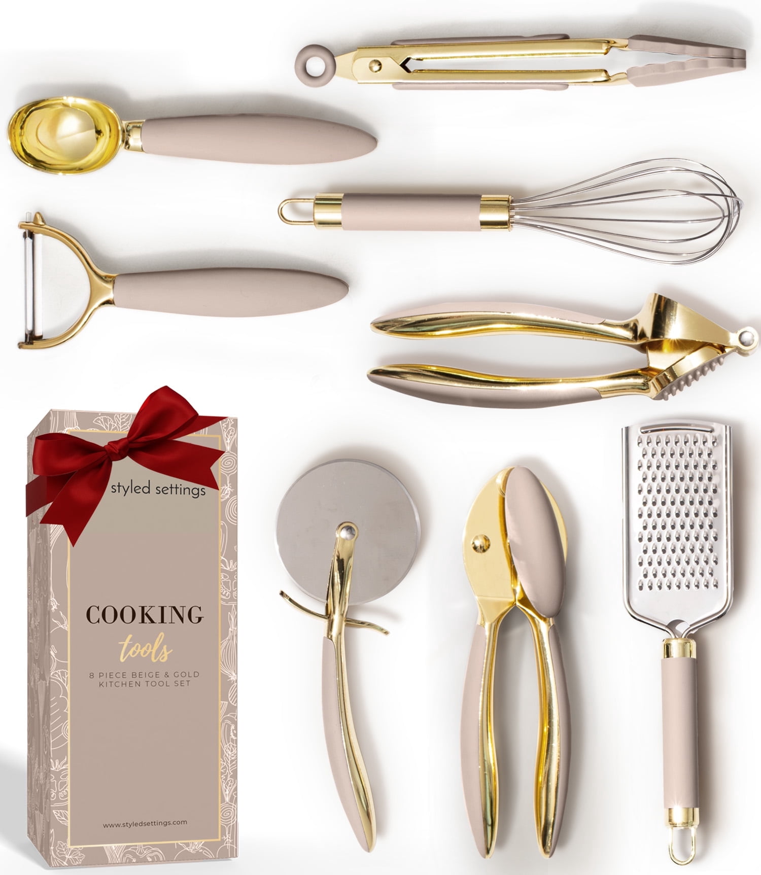 8-Piece Gold and Beige Kitchen Utensils Set – Stainless Steel Cooking Gadgets with Whisk, Tongs, Pizza Cutter, Garlic Press, Peeler, Scoop, Grater, and Can Opener