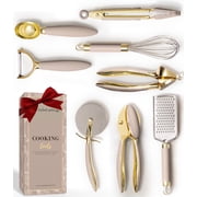 8-Piece Gold and Beige Kitchen Utensils Set   Stainless Steel Cooking Gadgets with Whisk, Tongs, Pizza Cutter, Garlic Press, Peeler, Scoop, Grater, and Can Opener