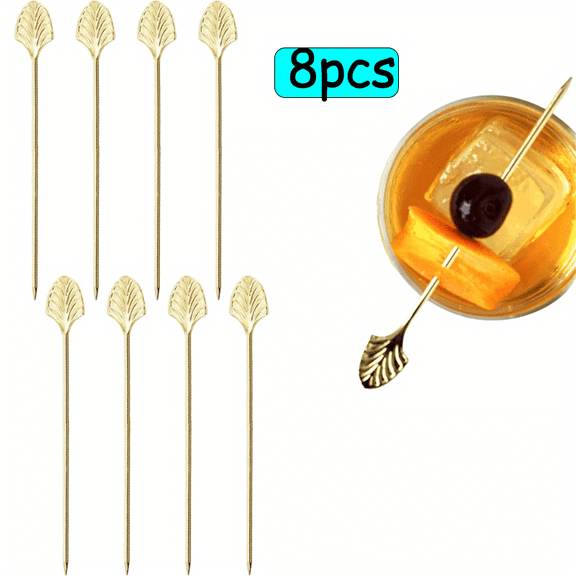 8-Piece Gold Cocktail Picks Set | Reusable Stainless Steel Martini Picks for Olives & Garnishes | Art Deco Barware Accessories for Professional Style at Home