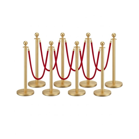 8-Piece Gold Crowd Control Stanchions with 6 Red Velvet Ropes, Stainless Steel Posts with Hollow Bases for Red Carpet & Parties