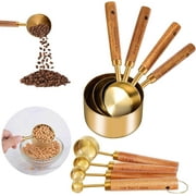 8 Piece Gold Measuring Cups and Spoons Set, Fragrant Wood Handle with Metric and US Measurements, Stainless Steel Measuring Cups for Kitchen, Cooking, Baking, Dry & Liquid