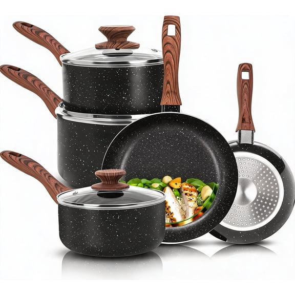 8-Piece Granite Nonstick Cookware Set with Lids Induction Compatible PFOA-Free
