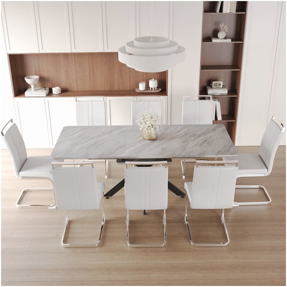 8-Piece Gray Dining Set with Extendable Table, Soft Padded Armless ...
