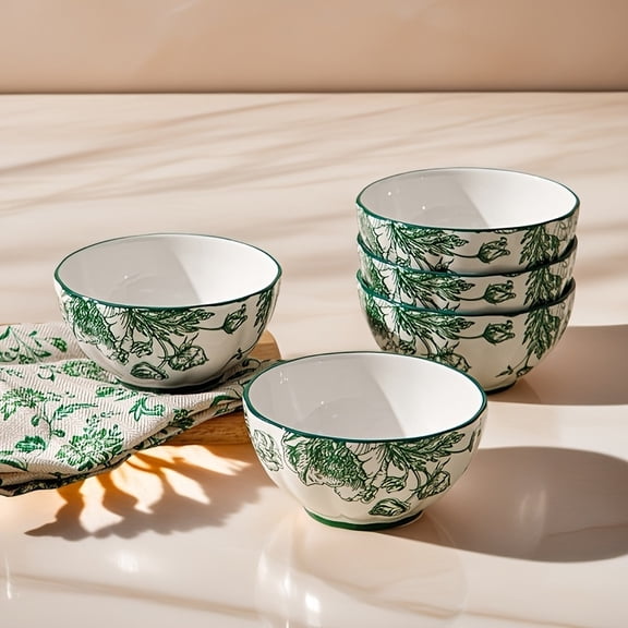 8-Piece Green Rose Ceramic Tableware Set | High-End Bowls & Plates for Salads, Pasta & Fruits | Perfect for Christmas & Thanksgiving Gifts for 2-4 People