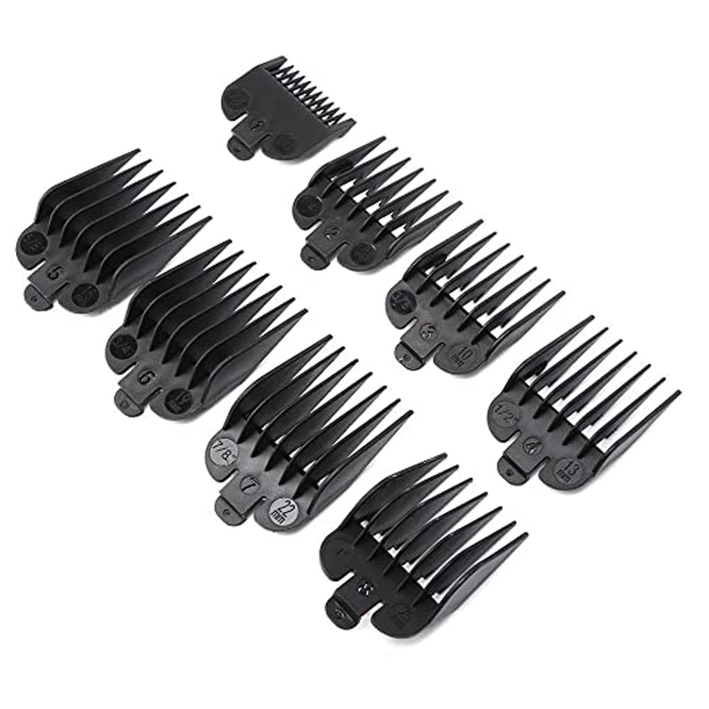 8 Piece Hair Clipper Guards Replacement Set, Guide Combs Sizes 1/8 Inch to 1 Inch, Fits Trimmers 1.65x1.5in and 1.81x1.5in, Black Grooming Attachment for Haircutting