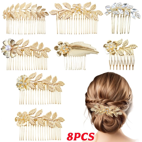 8 Piece Hair Comb Set - Gold Leaf Hair Side Combs, Barrette, Rhinestone Wedding Headpiece for Women, Girls, Bride, Bridesmaid