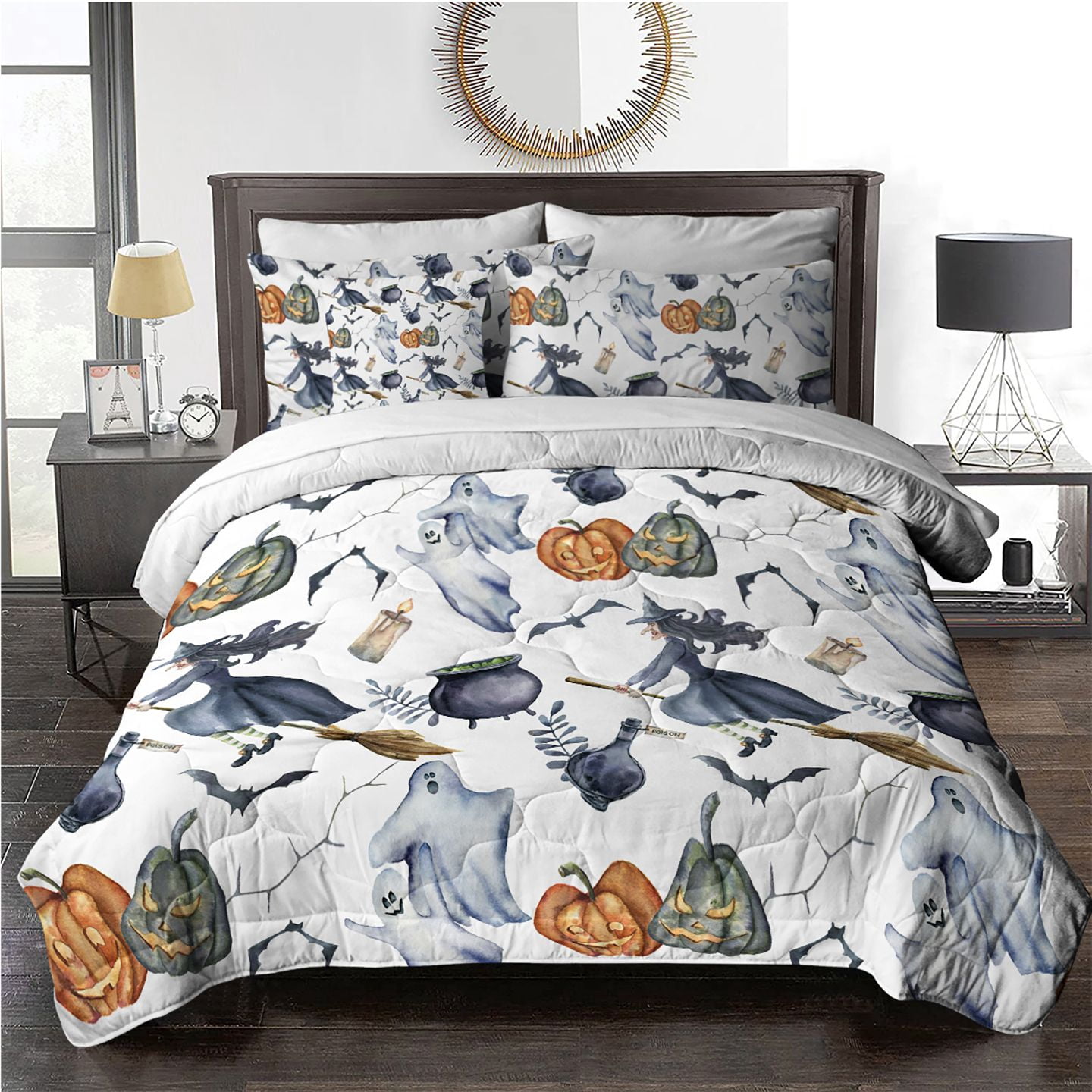 8-Piece Halloween Comforter Set Witch Pattern Bed-in-a-Bag with Sheet Shams Cushion Covers
