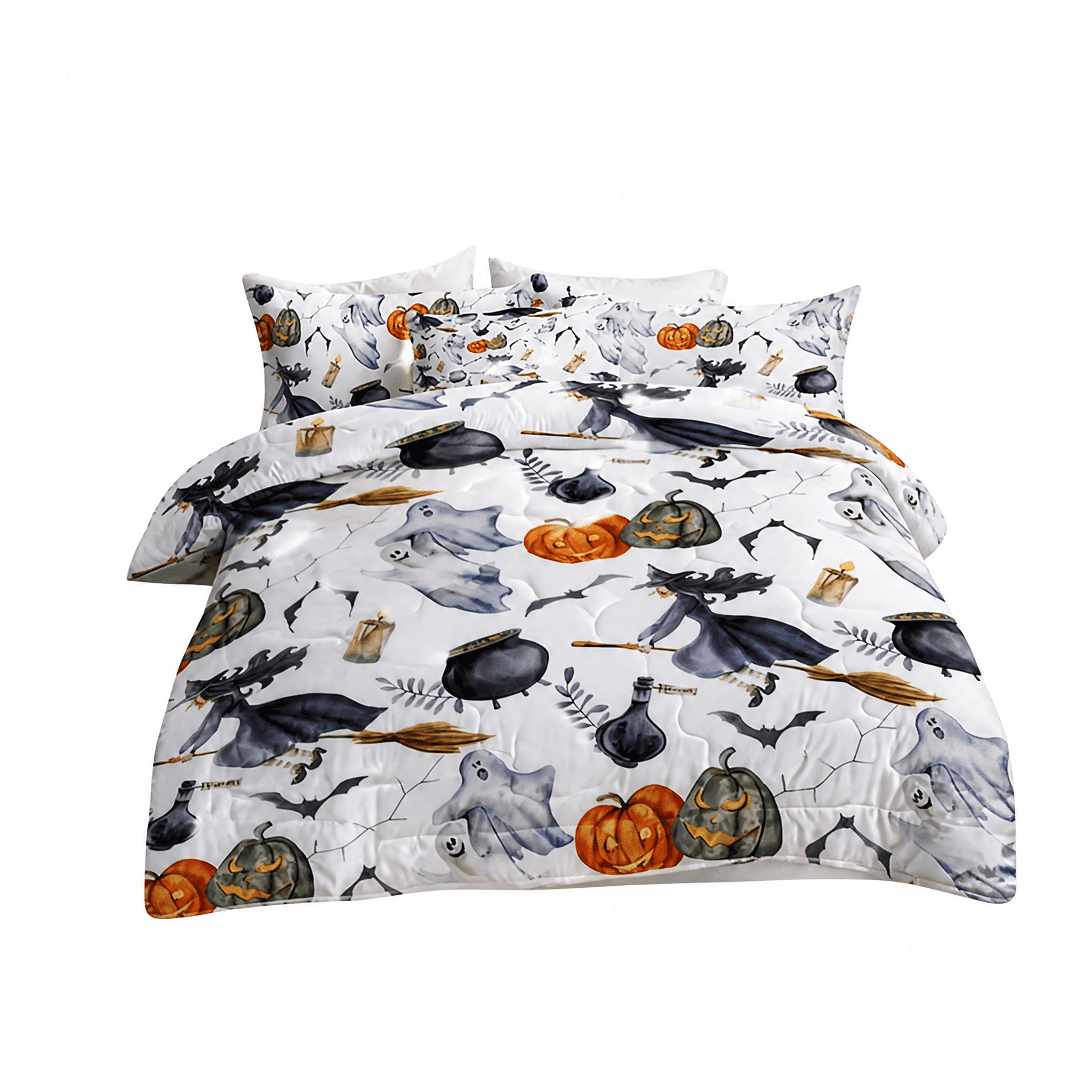 8-Piece Halloween Comforter Set Witch Pattern Bed-in-a-Bag with Sheet Shams Cushion Covers