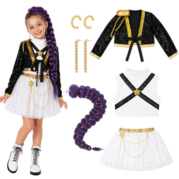 8-Piece Halloween Costumes Pop Star Idol Cosplay, Wig, Sequin Jacket, Earrings, Top and Tulle Skirt Outfit, Full Dress-Up Apparel for Anime Singer Stage Performance