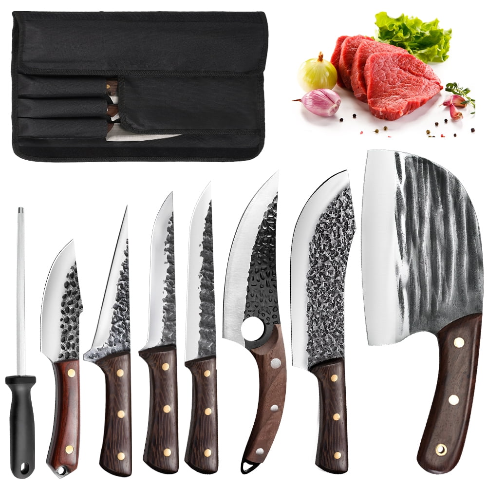 8-Piece Hammered Chef Knife Set with Nylon Bag – Full Tang Wood Handle for Meat Cutting & Butchery