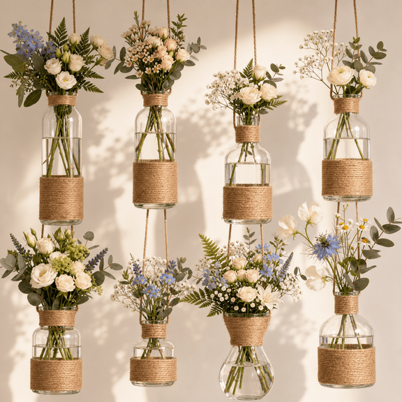 8-Piece Hanging Glass Vase Set with Jute Rope, Rustic Decor for Dried Flowers