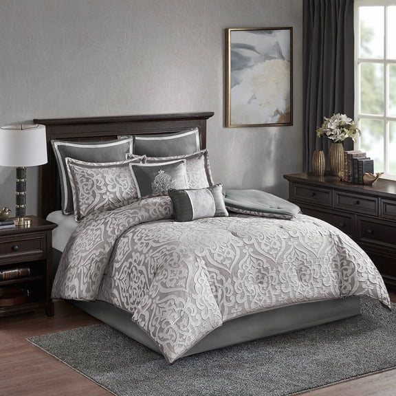 8 Piece Jacquard Comforter Set Silver/Silver Cal King - Bedding Sets