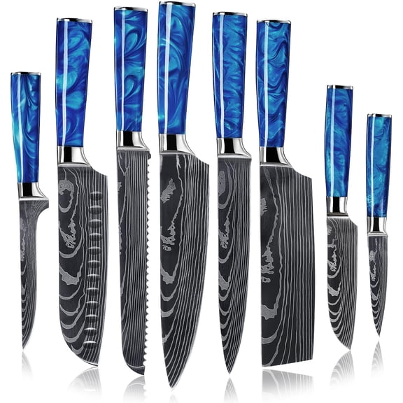 8-Piece Japanese Knife Set - Blue Resin Handle, Laser Damascus Blades - Chef's, Santoku, Bread & Paring Knives