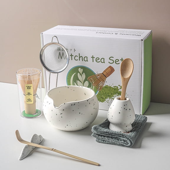 8 Piece Japanese Matcha Set Handmade Tea Bowl Natural Bamboo Tea Whisker Tea Scoop Tea Tray Tea Tray Tea Ceremony Accessories (White)
