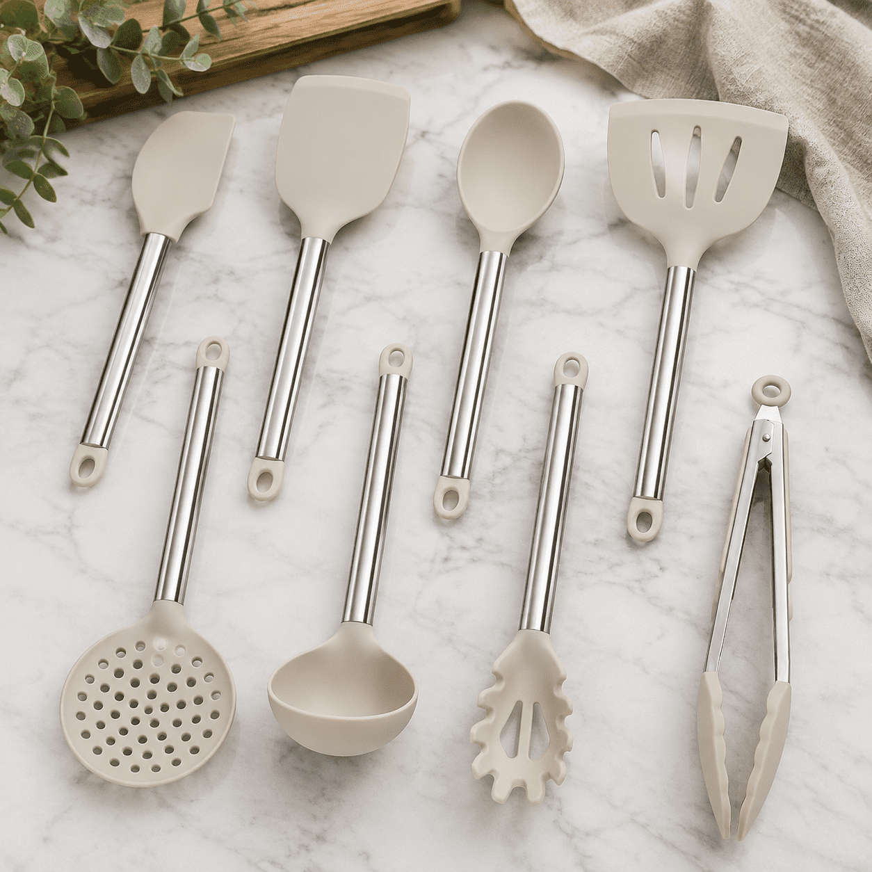 8-Piece Khaki Silicone Kitchen Utensil Set, Dishwasher Safe Heat ...