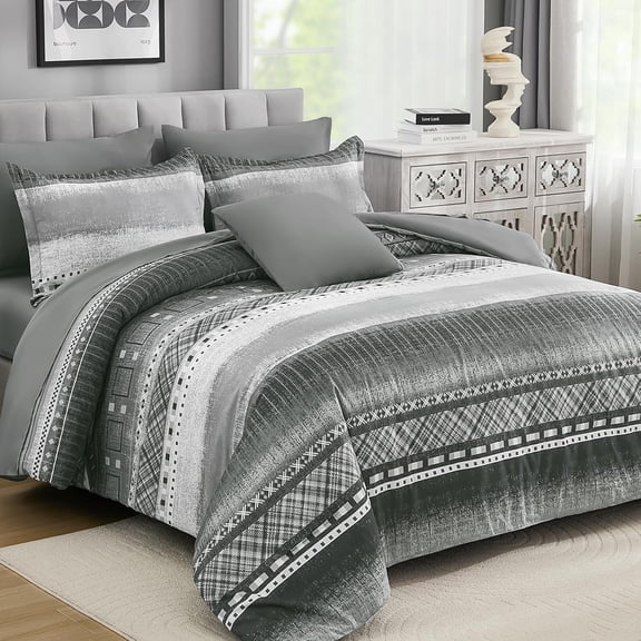 8 Piece King Size Comforter Set Grey Texture Striped Bedding for All Season