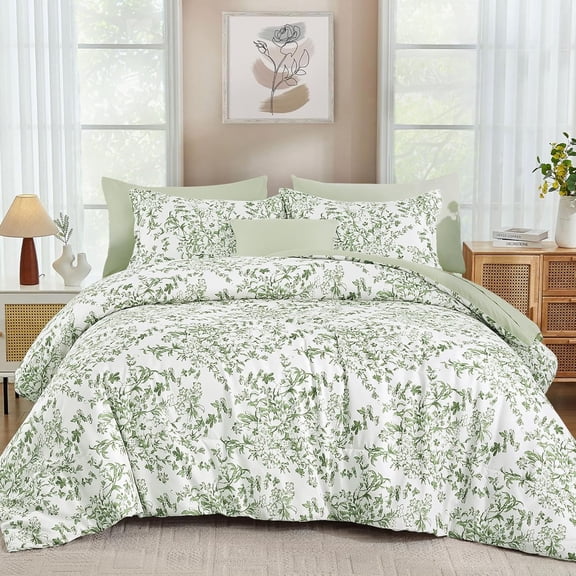 8-Piece King Size Green Floral Comforter Set with Sheets and Pillow Shams