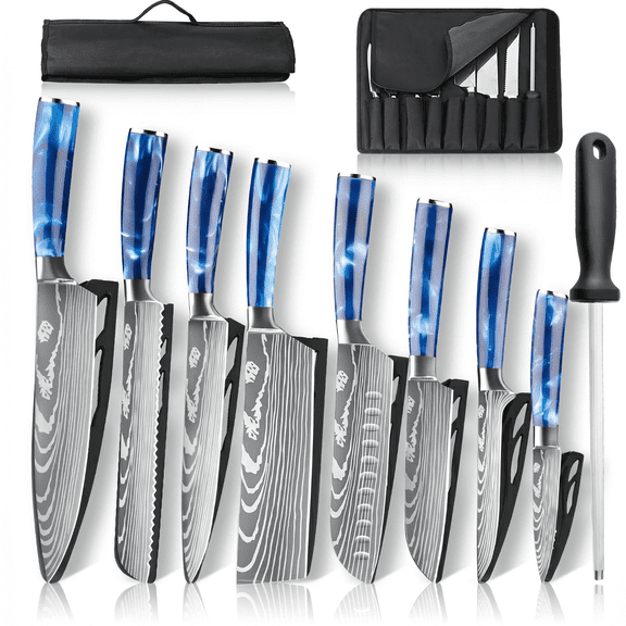 MDHAND 8-Piece Kitchen Knife Set, Blue Resin Handles, Damascus Pattern Blades, 7Cr17Mov High Carbon Steel, with Nylon Roll Bag & Sharpening Rod