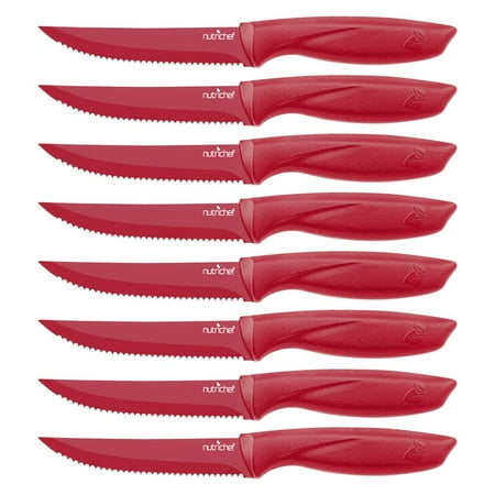8 Piece Kitchen Knife Set - Multi-purpose Unbreakable Ergonomic Non-stick Stainless Steel Kitchen Steak Knives Set with Fully Serrated Blades - Great for BBQ Grill - NutriChef NCSK8RED (Red)
