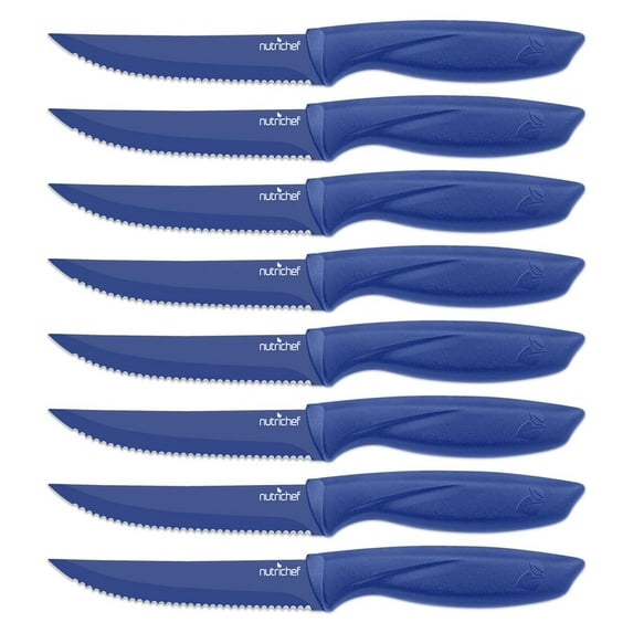 8 Piece Kitchen Knife Set - Multi-purpose Unbreakable Ergonomic Non-stick Stainless Steel Kitchen Steak Knives Set with Fully Serrated Blades - Great for BBQ Grill - NutriChef NCSK8BU (Blue)