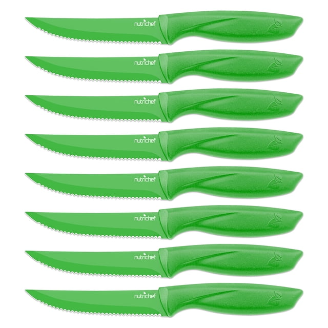 8 Piece Kitchen Knife Set - Multi-purpose Unbreakable Ergonomic Non-stick Stainless Steel Kitchen Steak Knives Set with Fully Serrated Blades - Great for BBQ Grill - NutriChef NCSK8GE (Green)