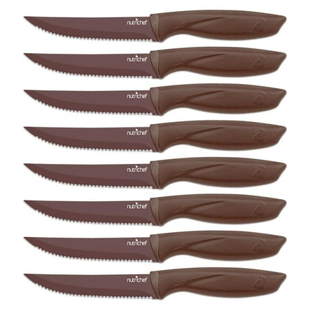 8 Piece Kitchen Knife Set - Multi-purpose Unbreakable Ergonomic Non-stick Stainless Steel Kitchen Steak Knives Set with Fully Serrated Blades - Great for BBQ Grill - NutriChef NCSK8BW (Yellow)