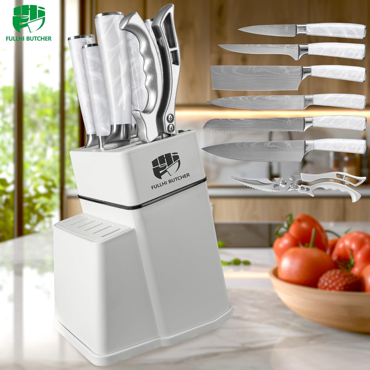 8-Piece Kitchen Knife Set with Block and Sharpener, High Carbon ...