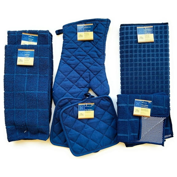 8 Piece Kitchen Towel Set - Navy Blue - Microfiber Towels, Pot Holders, Oven Mitt & Dish Cloths
