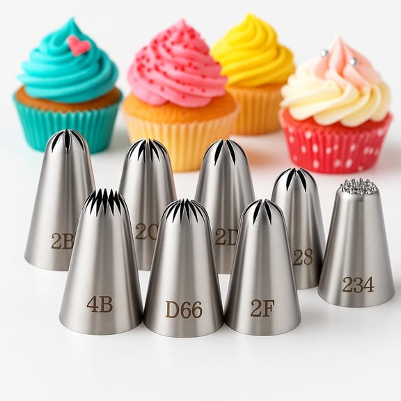 8 Piece Large Piping Nozzle Set Stainless Steel Icing Tips for Cupcake and Cake Decorating, Seamless Reusable Baking Nozzles for Buttercream Swirls, Flowers, Borders and Professional Style Designs