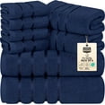 thumbnail image 1 of 8 Piece Luxury Towel Set, 2 Bath, 2 Hand, and 4 Wash Cloths, 600 GSM Ring Spun Cotton, Highly Absorbent Viscose Stripe Towels, Ideal for Everyday use, Navy, 1 of 9