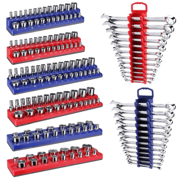 8-Piece Magnetic Socket Organizer and Magnetic Wrench Organizer Set, Socket Holder Set 1/4", 3/8", 1/2" Drive Metric SAE Socket Storage, Metric SAE Wrench Holder