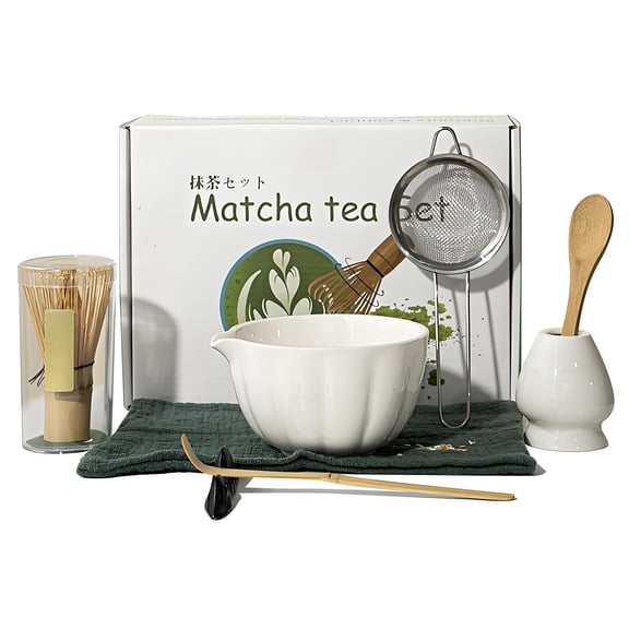 8 Piece Matcha Tea Set with Ceramic Pouring Bowl, Bam-boo Whisk and Accessories, Japanese Matcha Starter Kit with Petal Design Bowl, White, 9.4 x 6.9 x 4.2 Inch